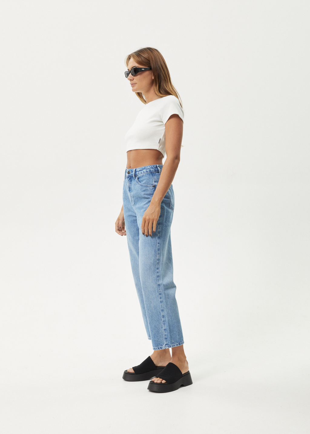 AFENDS Womens Shelby - Denim Cropped Straight Leg Jean - Worn Blue