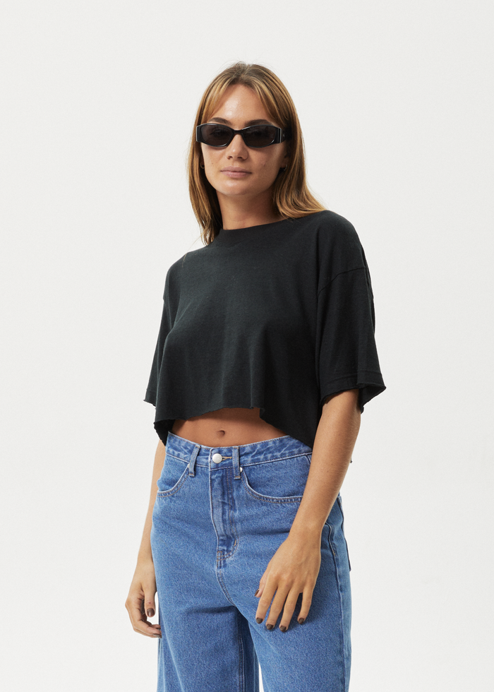 Afends Womens Slay Cropped Hemp Oversized T Shirt Black