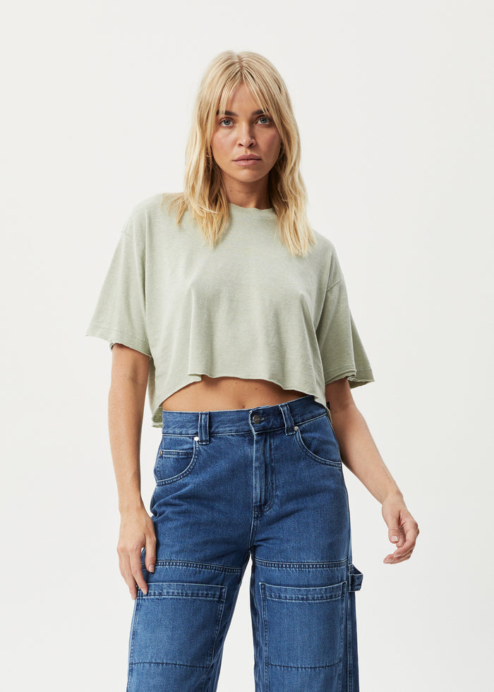 Afends Womens Slay Cropped - Hemp Oversized T-Shirt - Eucalyptus 