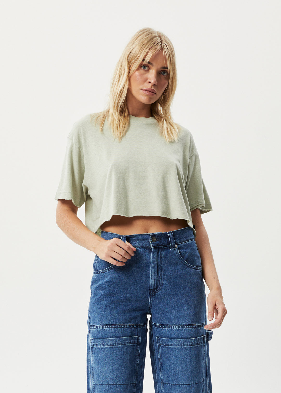 AFENDS Womens Slay Cropped - Oversized Tee - Eucalyptus 