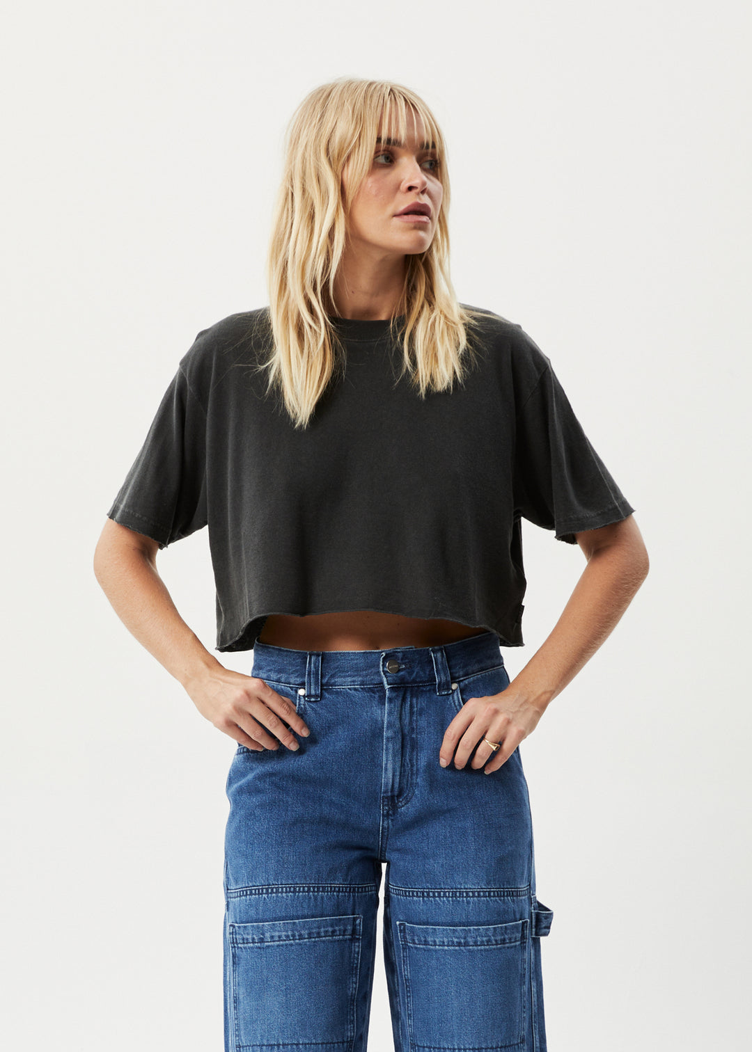 AFENDS Womens Slay Cropped - Oversized Tee - Stone Black 