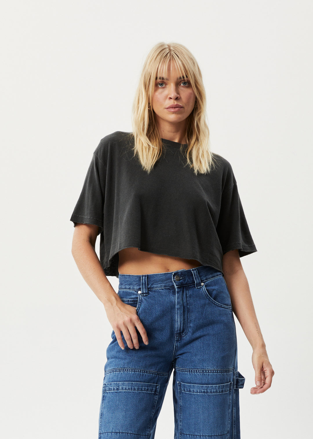 AFENDS Womens Slay Cropped - Oversized Tee - Stone Black 