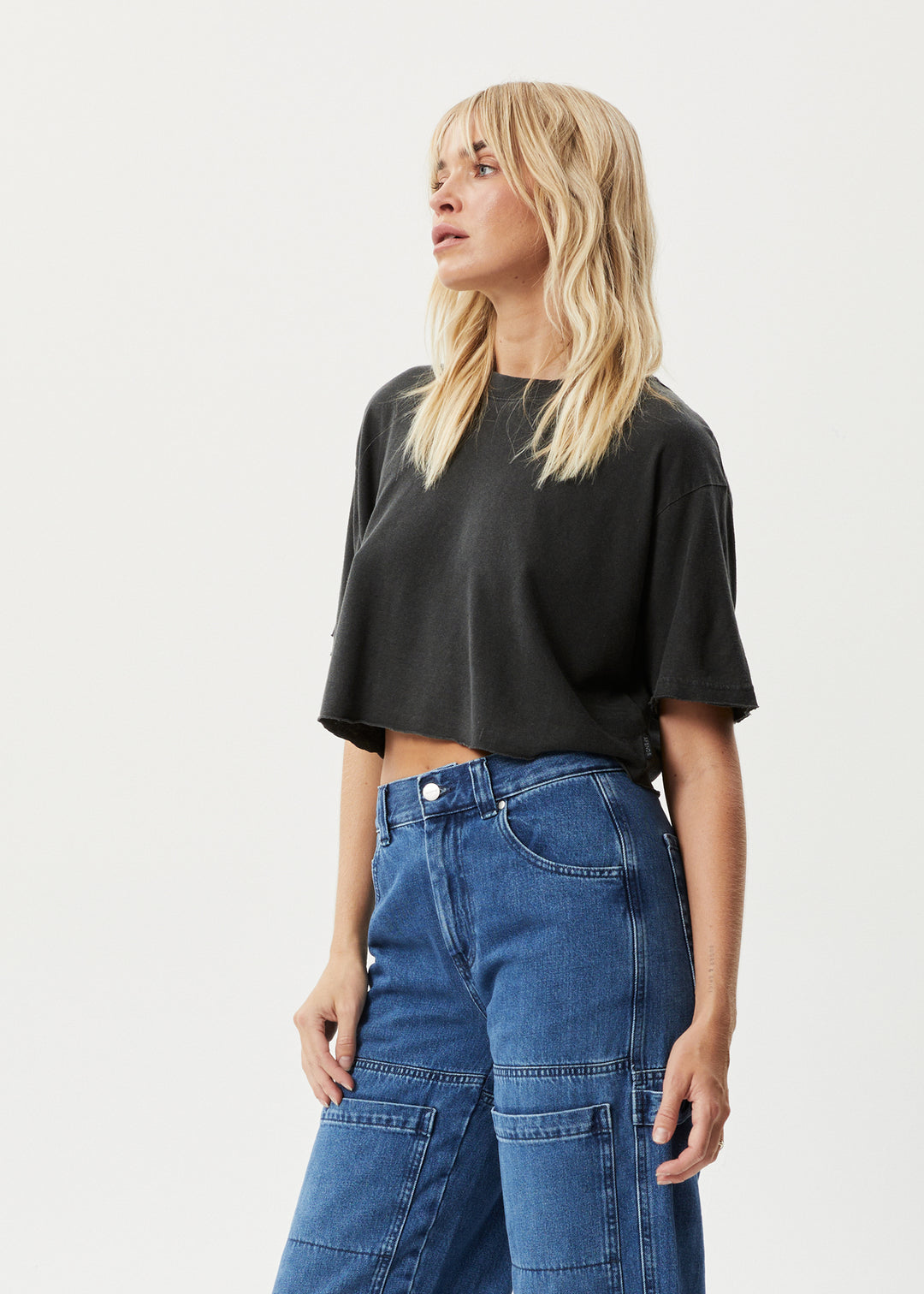 AFENDS Womens Slay Cropped - Oversized Tee - Stone Black 