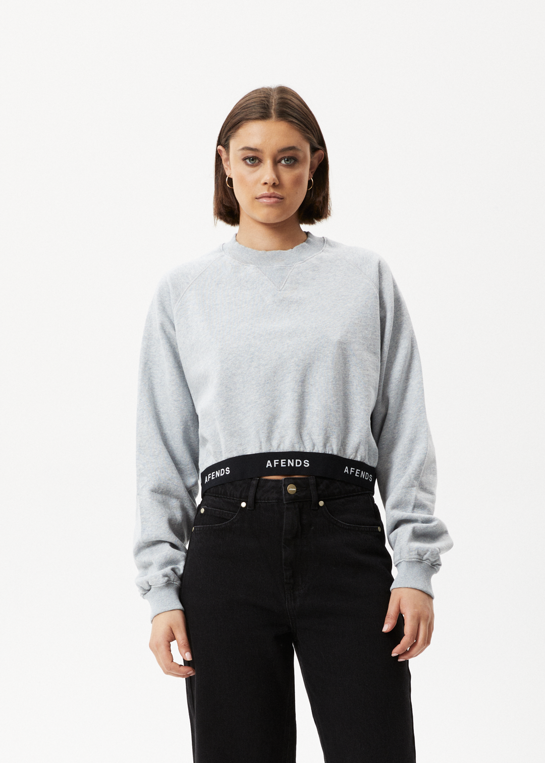 AFENDS Womens Homebase - Cropped Crew Neck Jumper - Shadow Grey Marle 