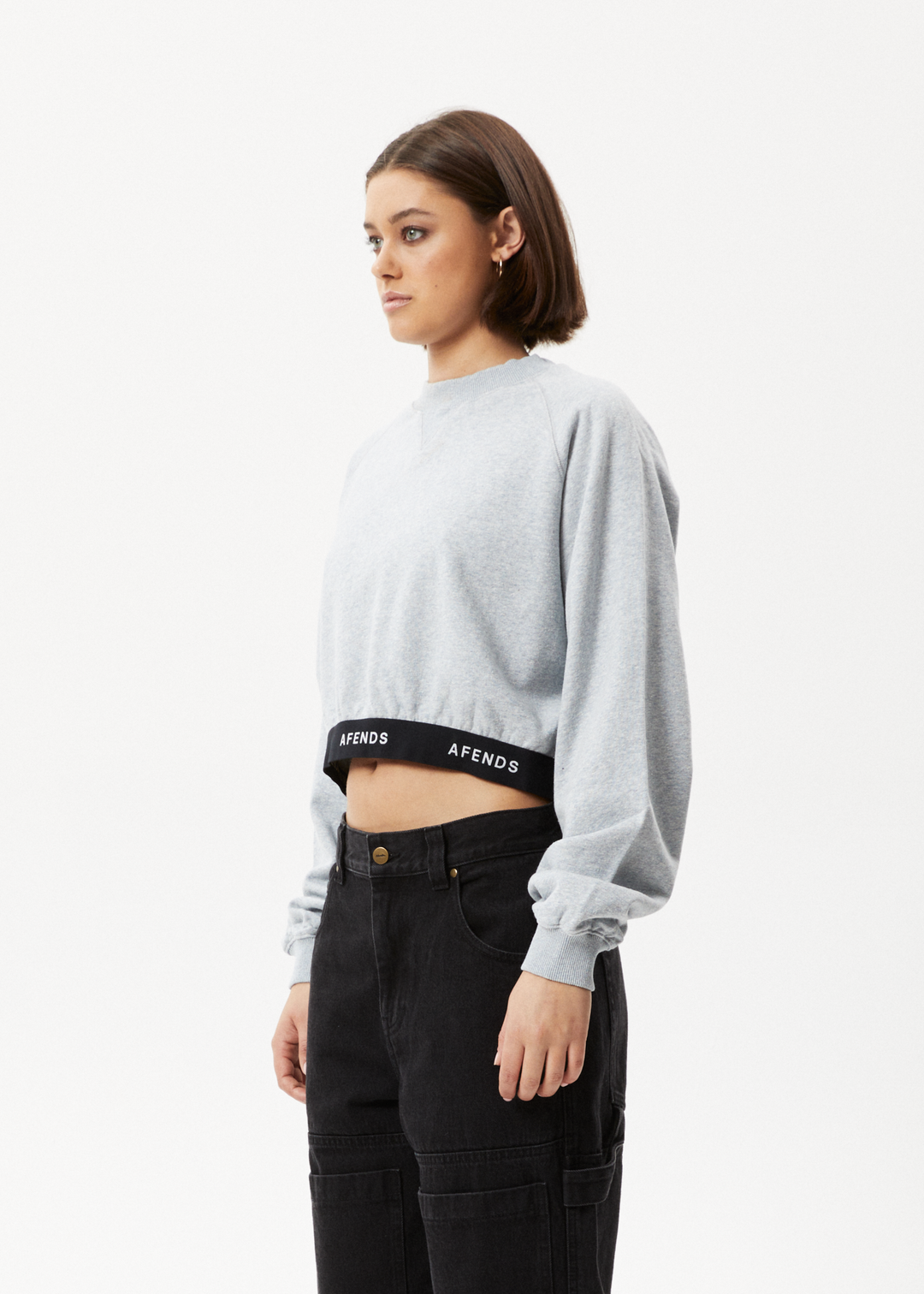 AFENDS Womens Homebase - Cropped Crew Neck Jumper - Shadow Grey Marle 