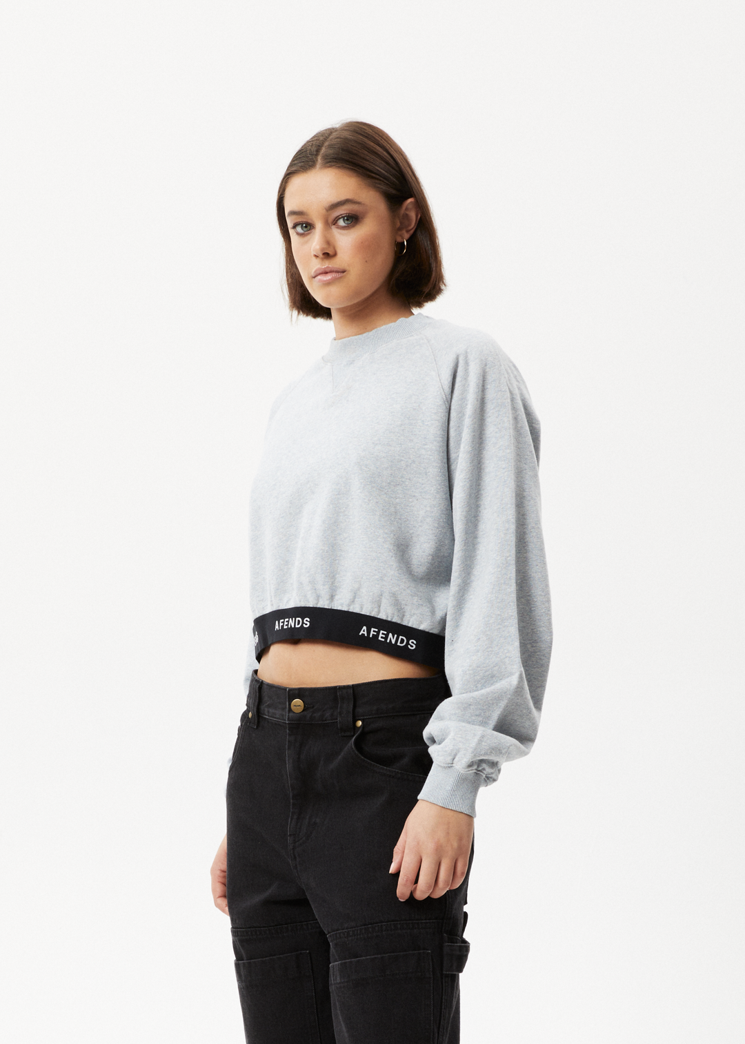 AFENDS Womens Homebase - Cropped Crew Neck Jumper - Shadow Grey Marle 