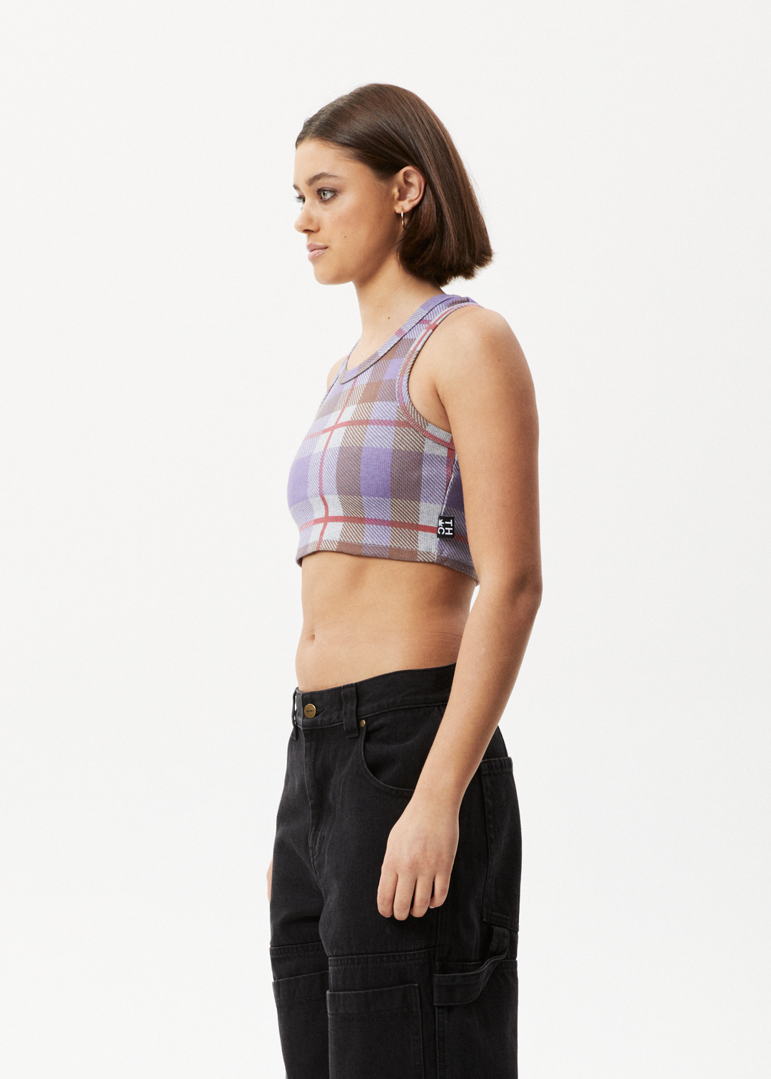 AFENDS Womens Colby - Check Ribbed Crop Tank - Plum 