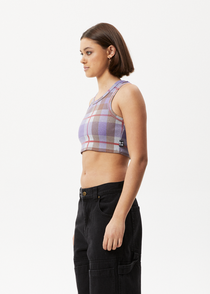 Afends Womens Colby - Hemp Check Ribbed Crop Tank - Plum 