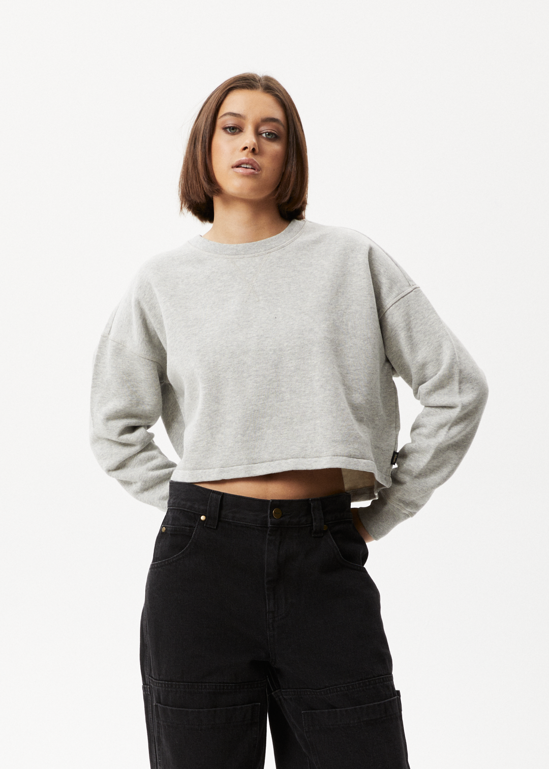 AFENDS Womens Down Town - Cropped Crew Neck Jumper - Grey Marle 