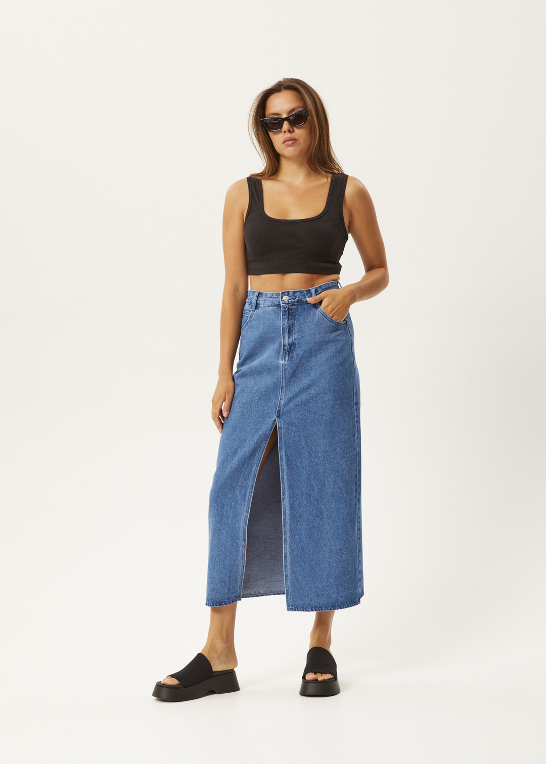 AFENDS Womens Ayla - Denim Maxi Skirt - Worn Blue 