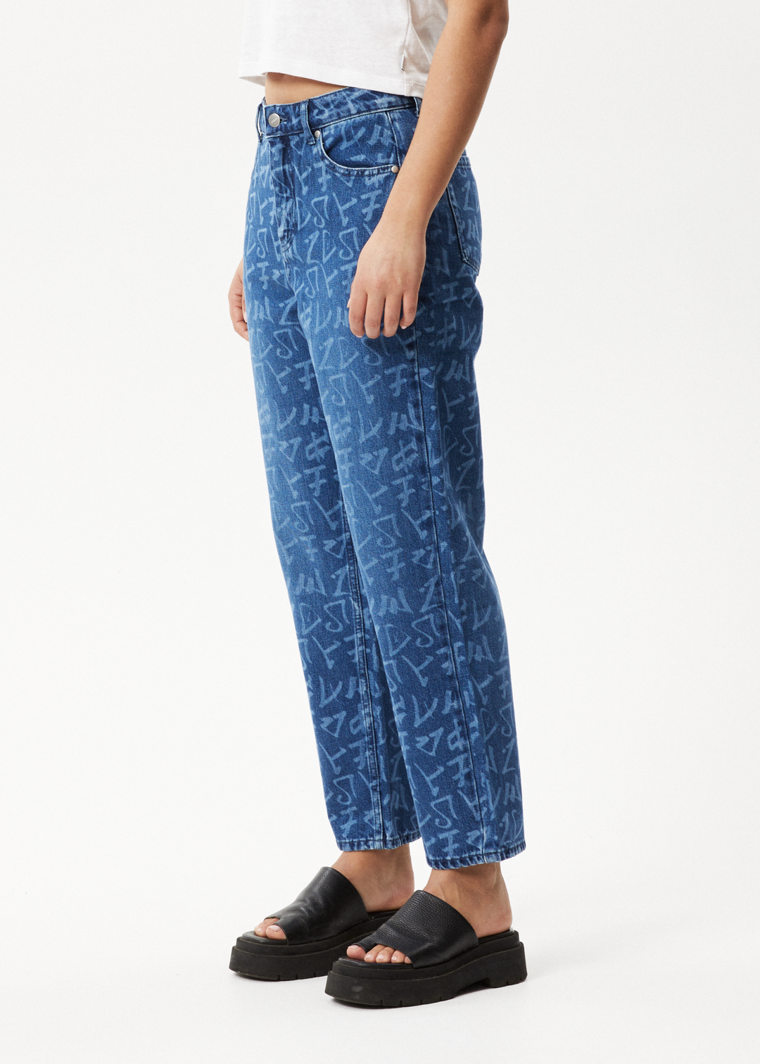 AFENDS Womens Tagged Shelby - Denim Wide Leg Jeans - Graffiti Blue 