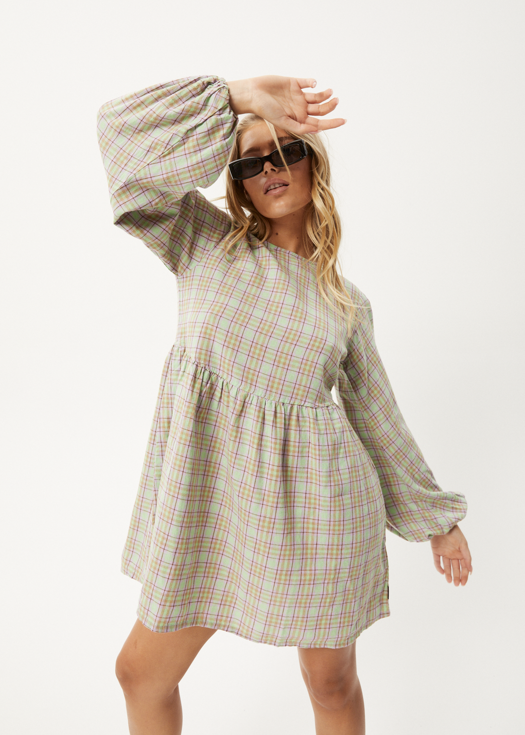 AFENDS Womens Kali - Long Sleeve Mini Dress - Pistachio Check 