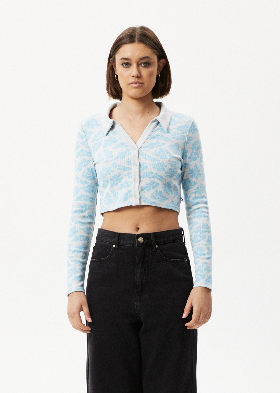 AFENDS Womens Billie - Ribbed Floral Long Sleeve Shirt - Smoke Blue 