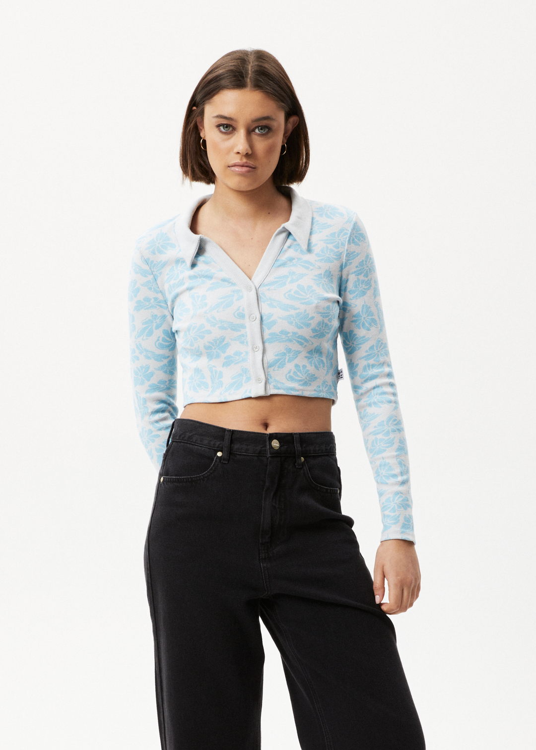 AFENDS Womens Billie - Ribbed Floral Long Sleeve Shirt - Smoke Blue 