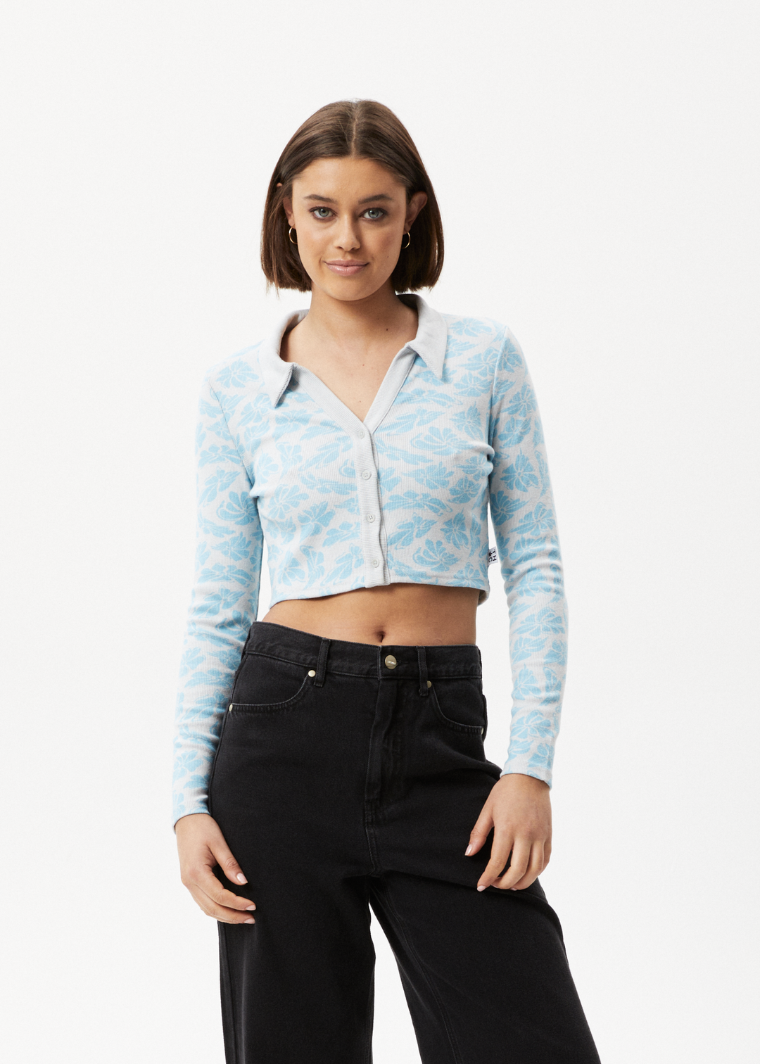 AFENDS Womens Billie - Ribbed Floral Long Sleeve Shirt - Smoke Blue 