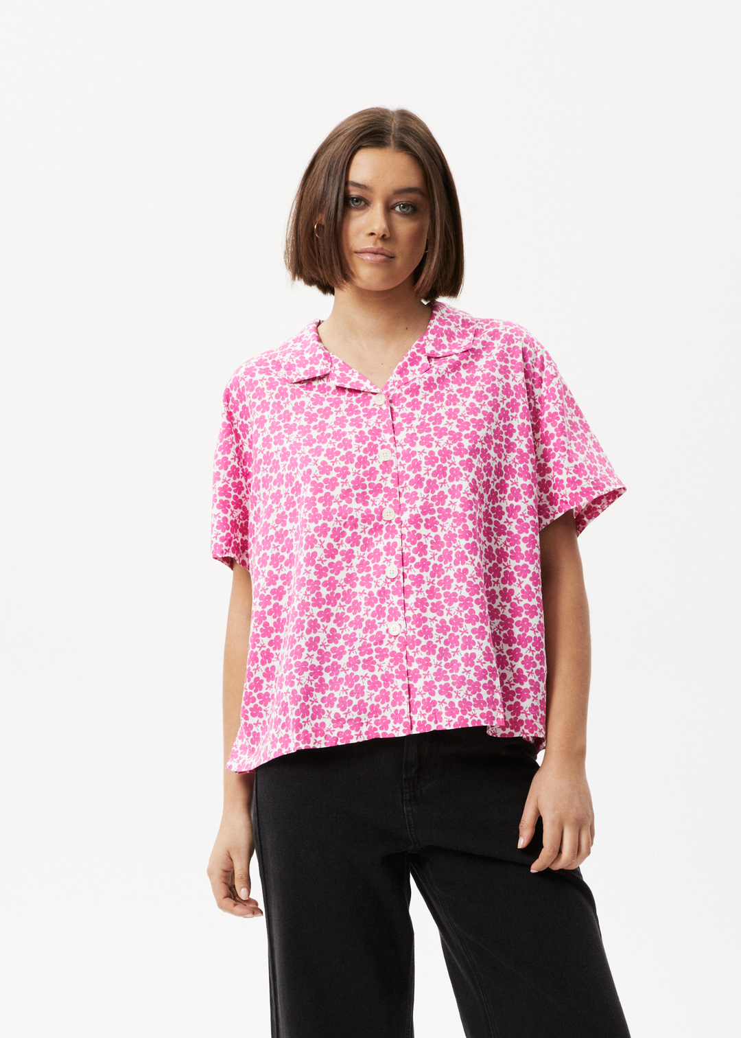 AFENDS Womens Madeline Mood - Short Sleeve Shirt - Bubblegum Floral 