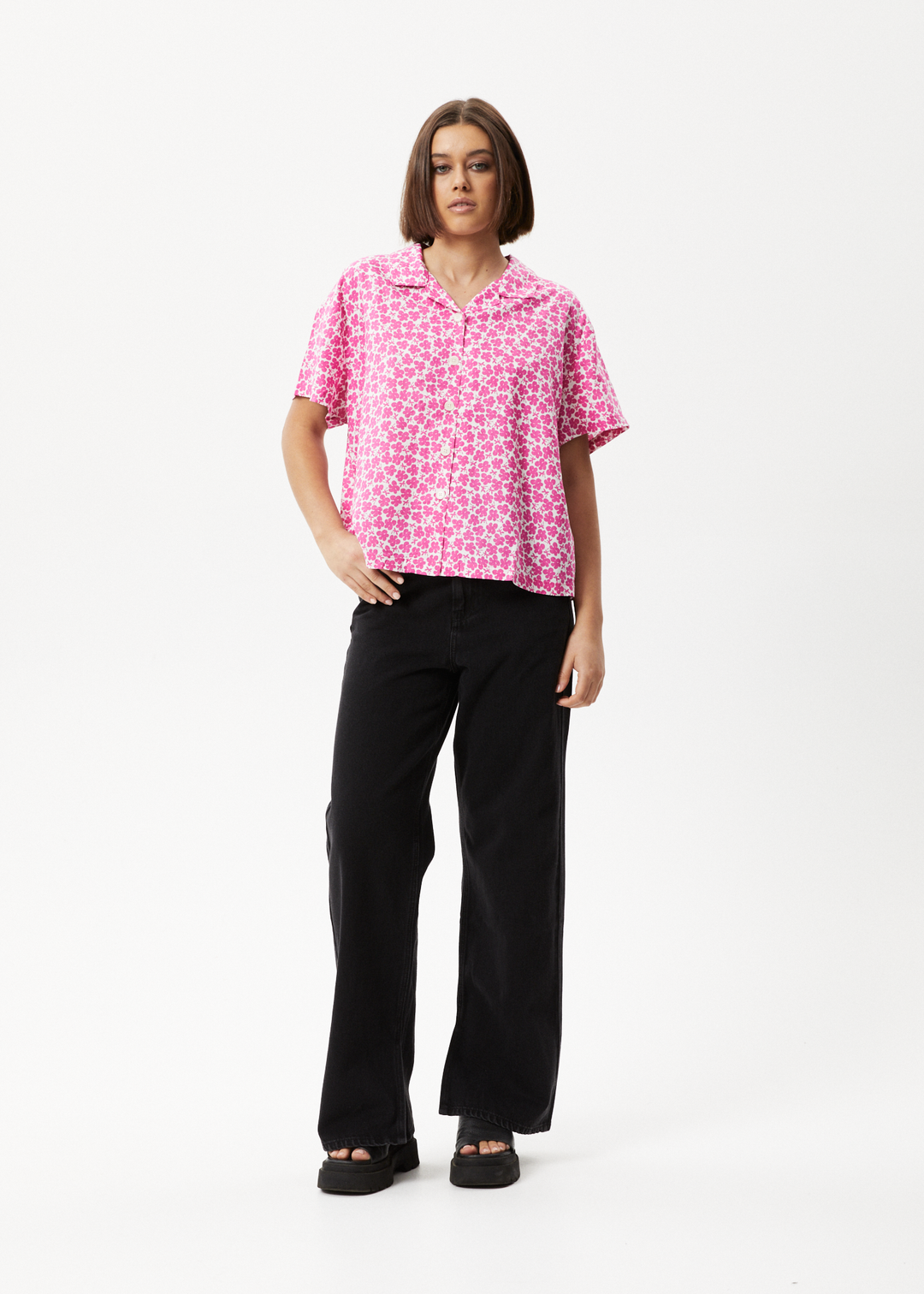 AFENDS Womens Madeline Mood - Short Sleeve Shirt - Bubblegum Floral 