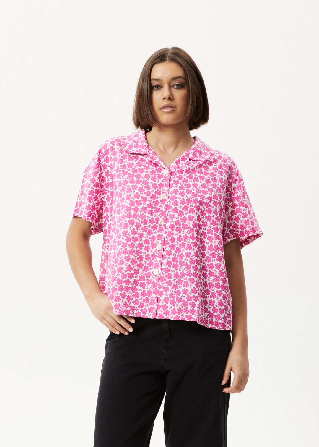 AFENDS Womens Madeline Mood - Short Sleeve Shirt - Bubblegum Floral 