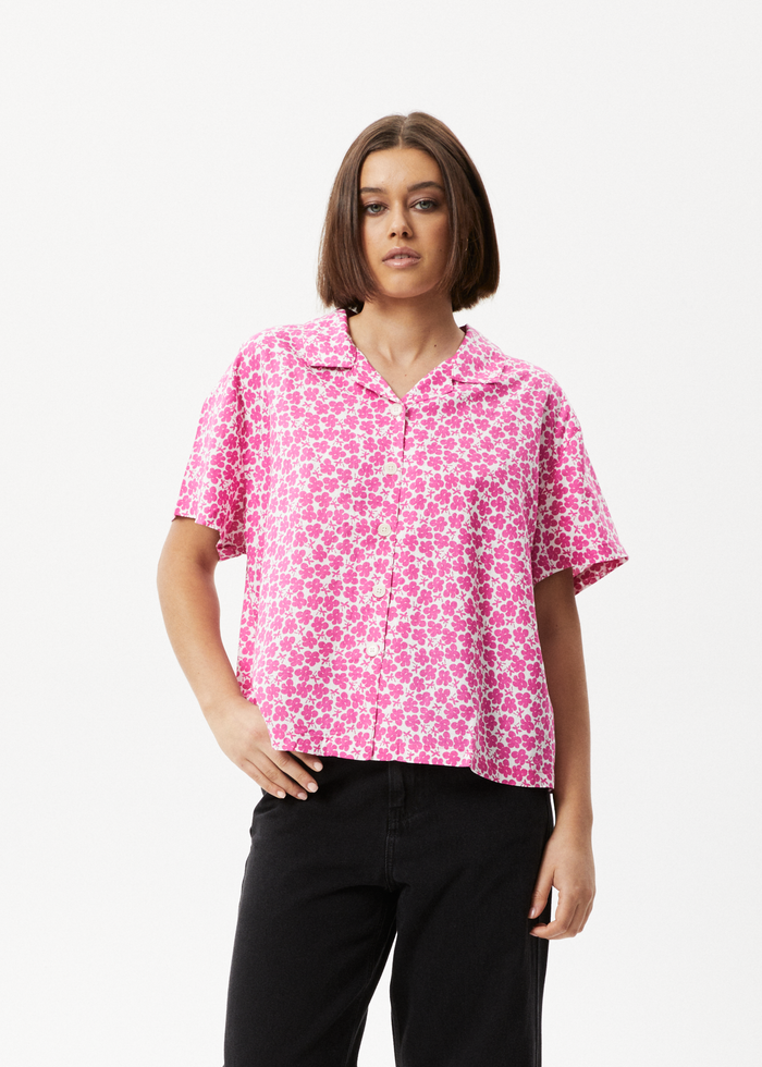 Afends Womens Madeline Mood - Hemp Short Sleeve Shirt - Bubblegum Floral 
