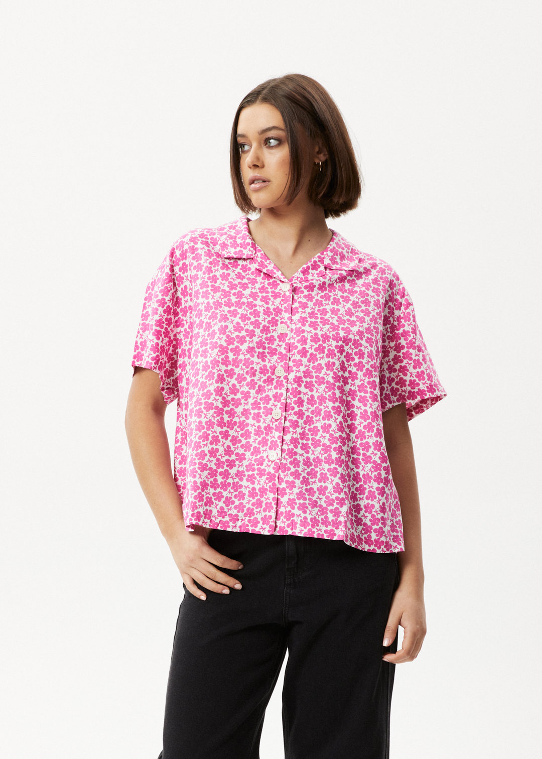 AFENDS Womens Madeline Mood - Short Sleeve Shirt - Bubblegum Floral 