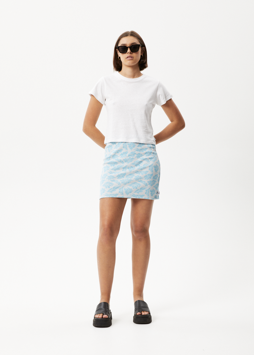 AFENDS Womens Billie - Ribbed Floral Mini Skirt - Smoke Blue 