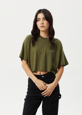 AFENDS Womens Slay Cropped - Oversized Tee - Military - Afends womens slay cropped   hemp oversized tee   military 
