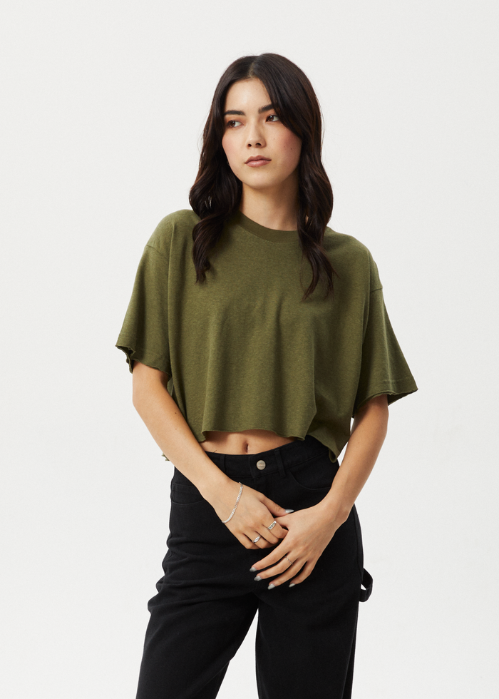 Afends Womens Slay Cropped - Hemp Oversized Tee - Military 