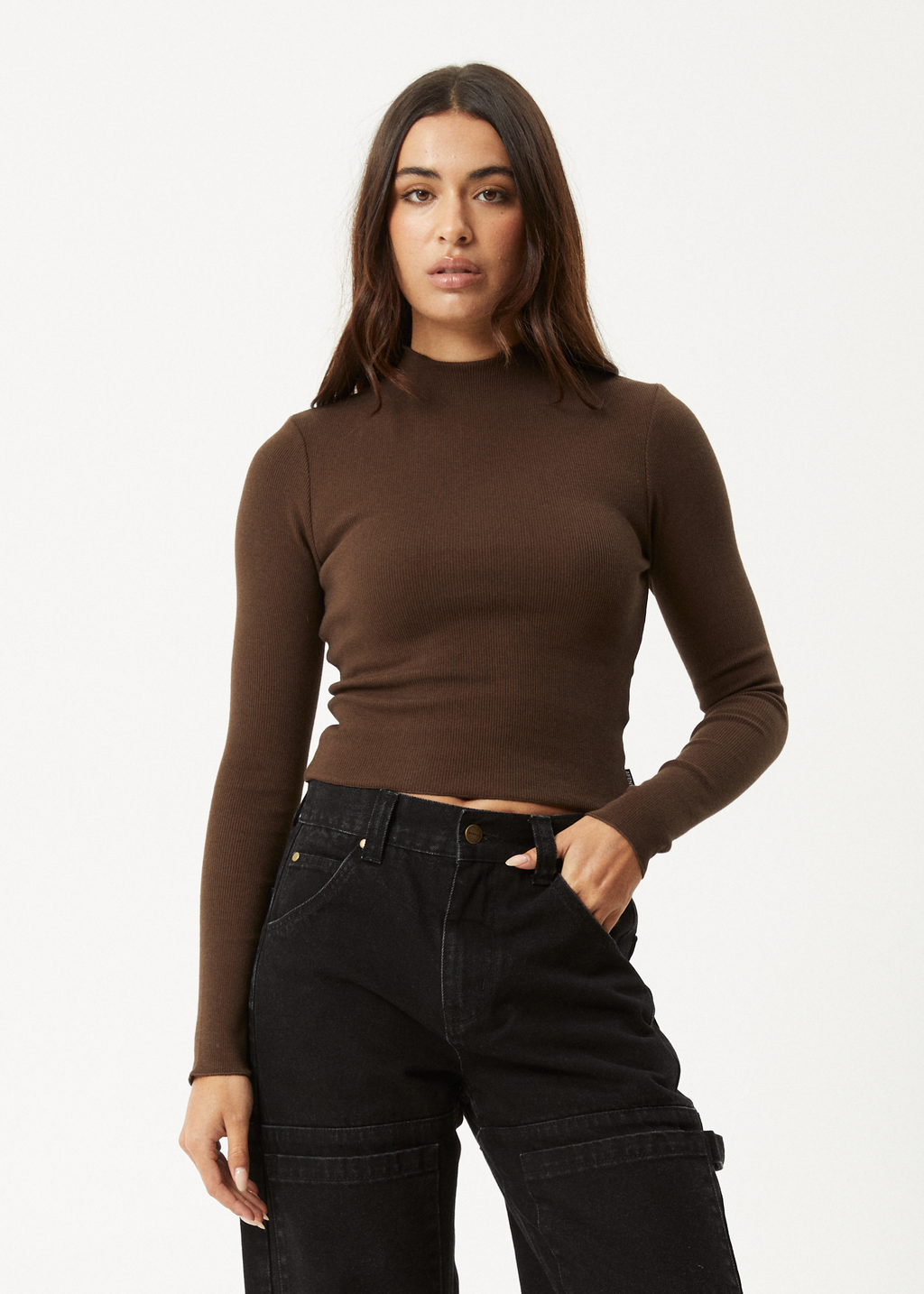 AFENDS Womens Iconic - Long Sleeve Rib Top - Coffee