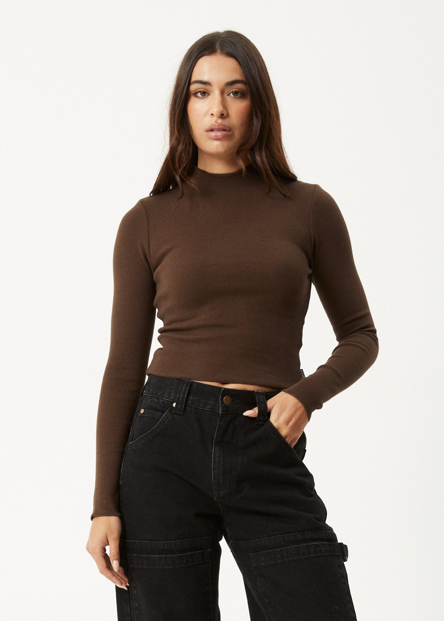 AFENDS Womens Iconic - Long Sleeve Rib Top - Coffee