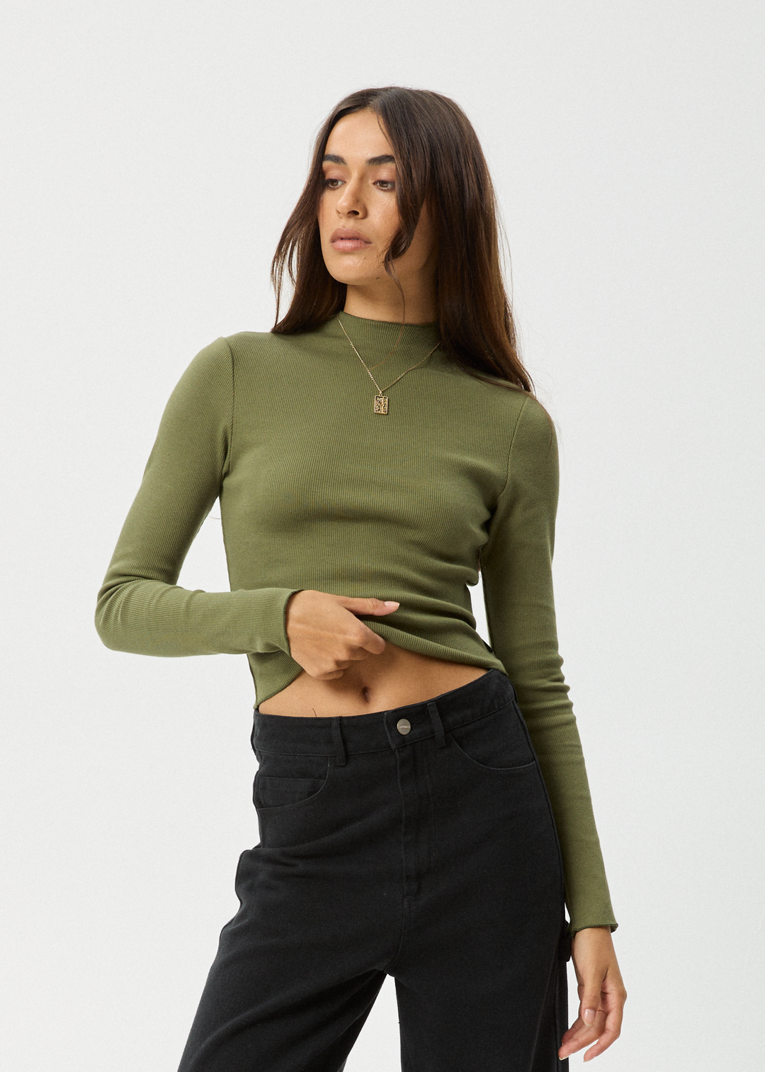 AFENDS Womens Iconic - Long Sleeve Rib Top - Military 