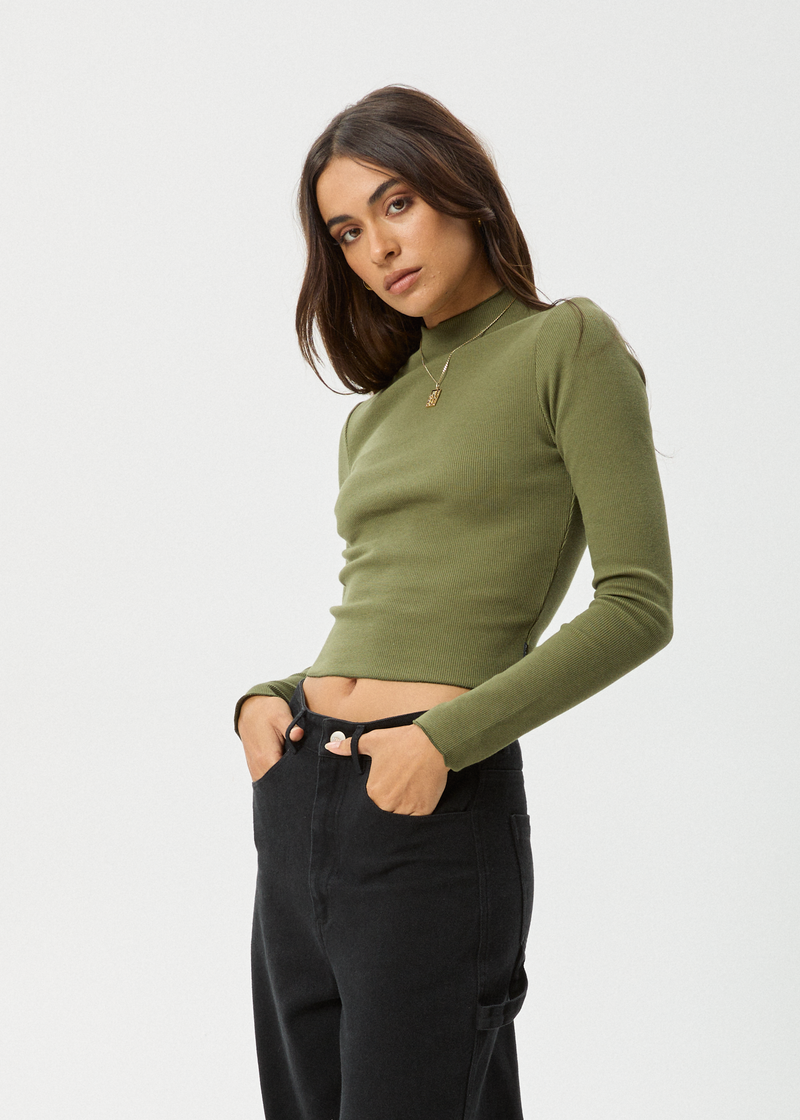 Afends Womens Iconic - Organic Long Sleeve Rib Top - Military