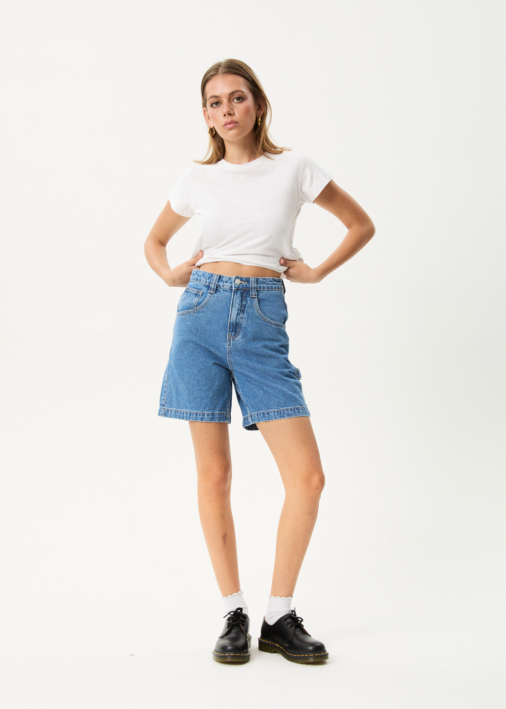 AFENDS Womens Emilie - Denim Workwear Short - Worn Blue