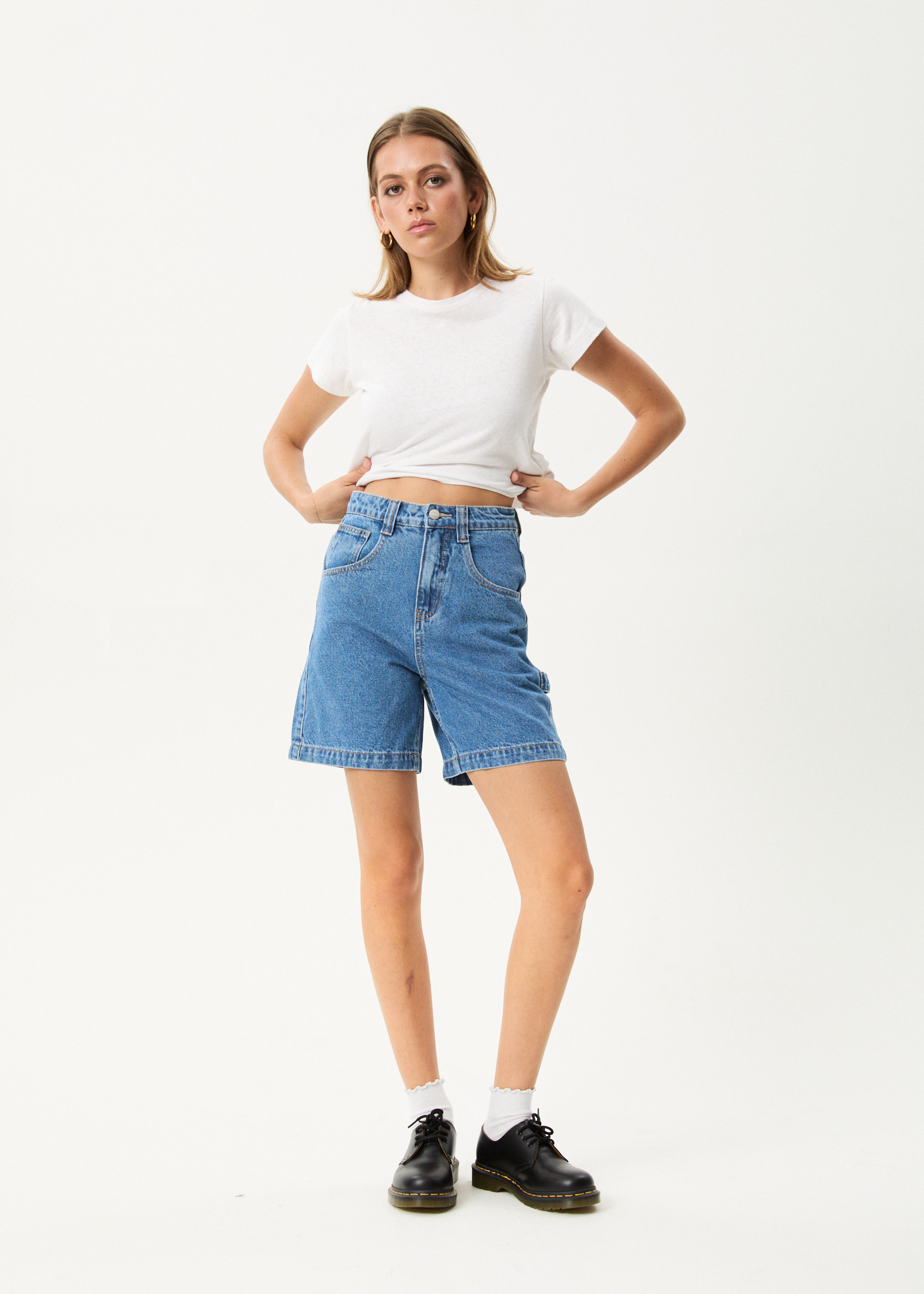 AFENDS Womens Emilie - Denim Workwear Short - Worn Blue