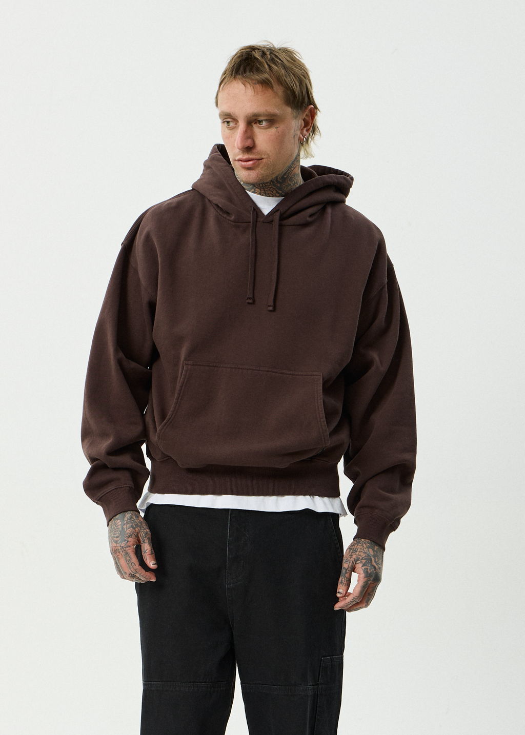 AFENDS Mens Genesis - Recycled Boxy Pull On Hood - Washed Coffee