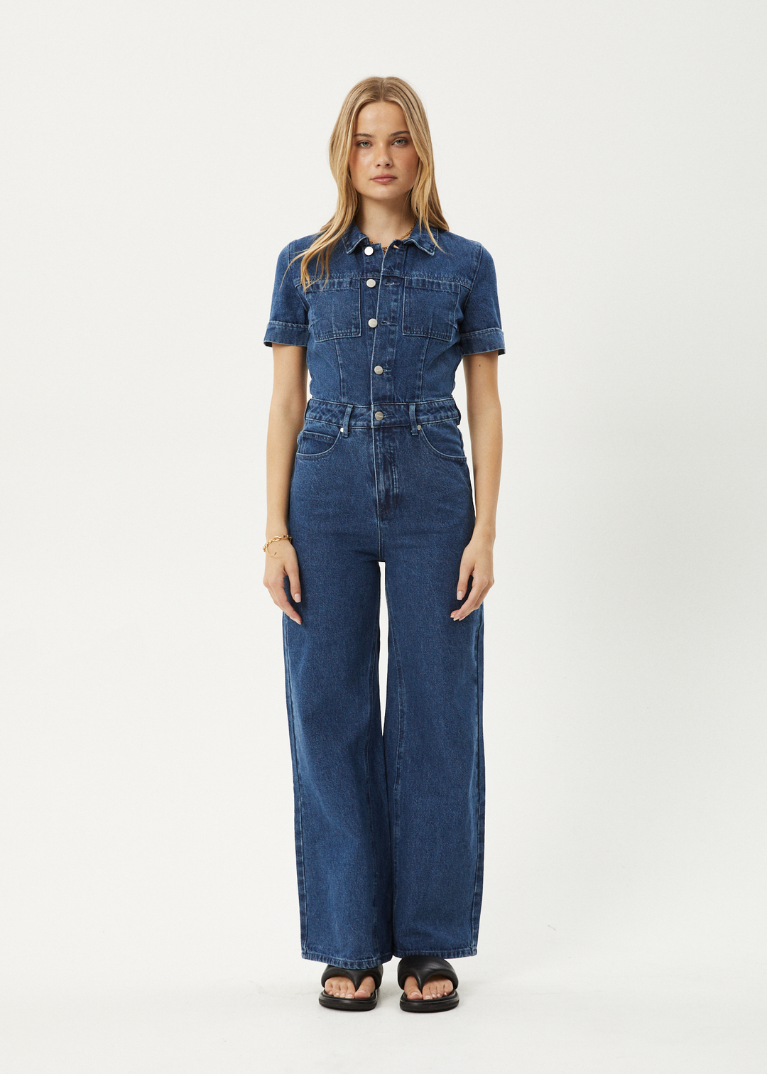 AFENDS Womens Miami - Denim Flared Leg Jumpsuit - Authentic Blue 