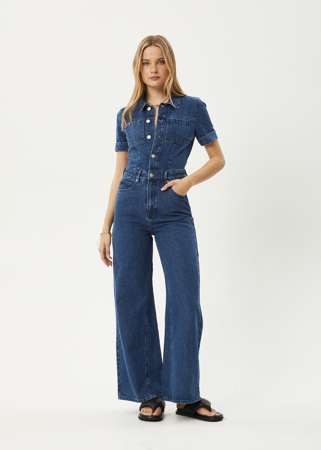 AFENDS Womens Miami - Denim Flared Leg Jumpsuit - Authentic Blue 