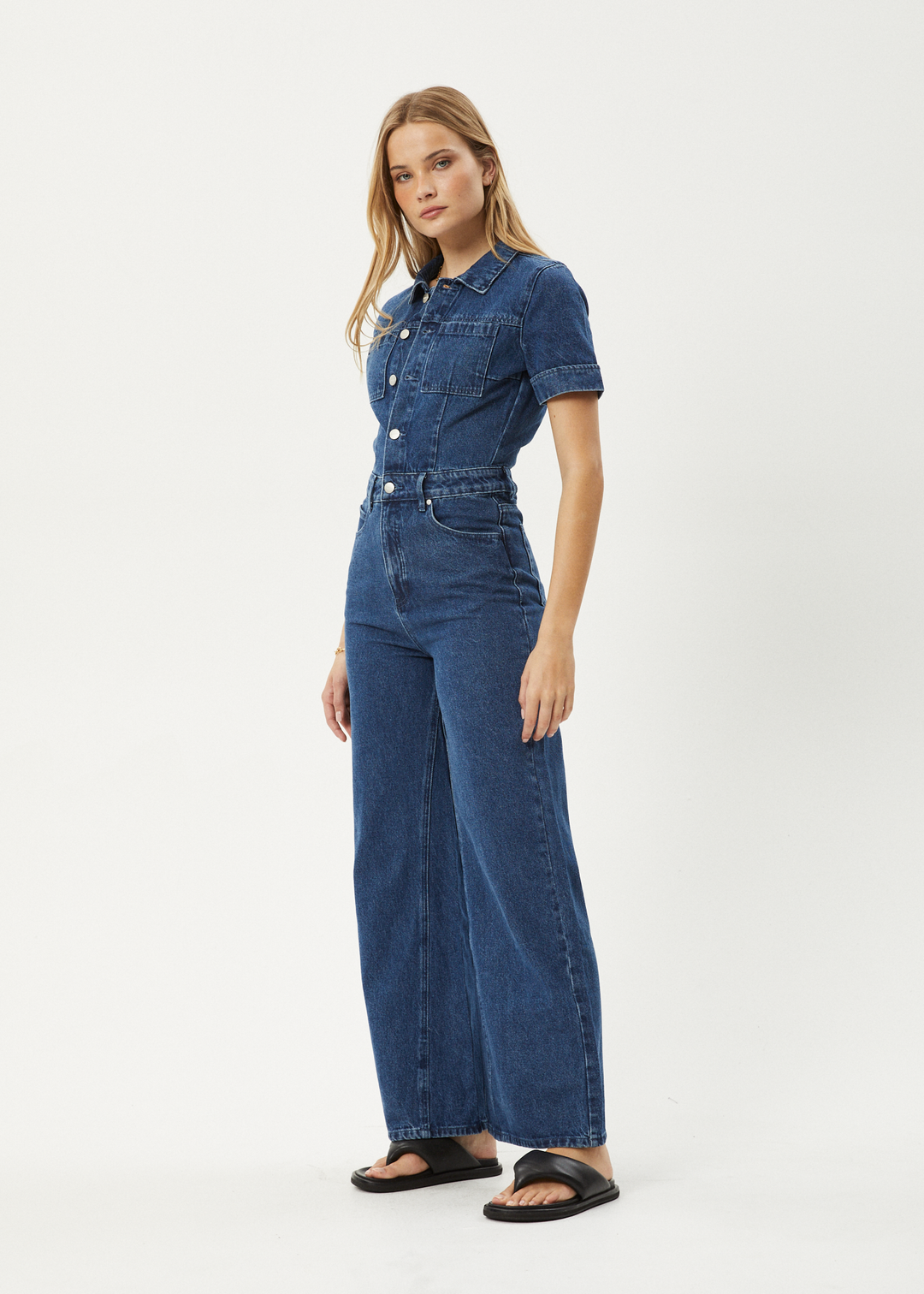 AFENDS Womens Miami - Denim Flared Leg Jumpsuit - Authentic Blue 