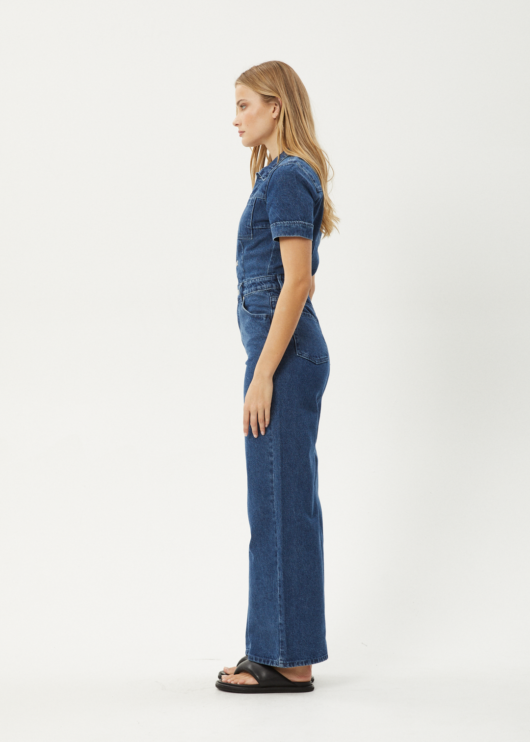 AFENDS Womens Miami - Denim Flared Leg Jumpsuit - Authentic Blue 