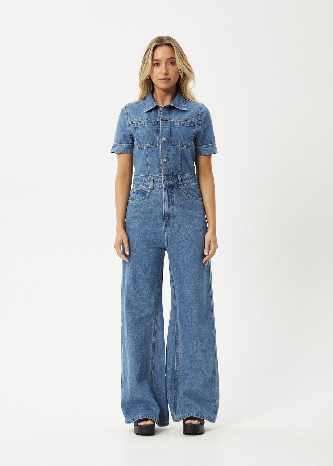 AFENDS Womens Miami Denim Flared Leg Jumpsuit Worn Blue