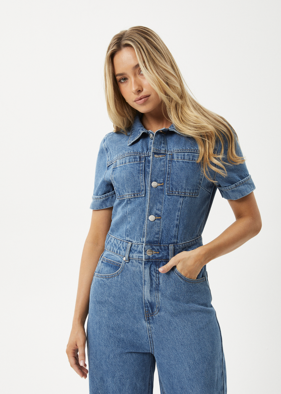 AFENDS Womens Miami - Denim Flared Leg Jumpsuit - Worn Blue 