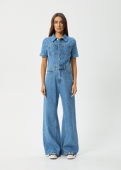 Afends Womens Miami - Hemp Denim Flared Jumpsuit - Authentic Blue