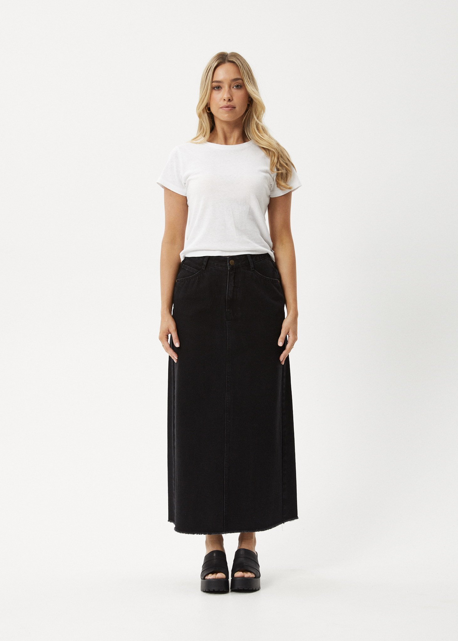 AFENDS Womens Chichi - Denim Midi Skirt - Washed Black 