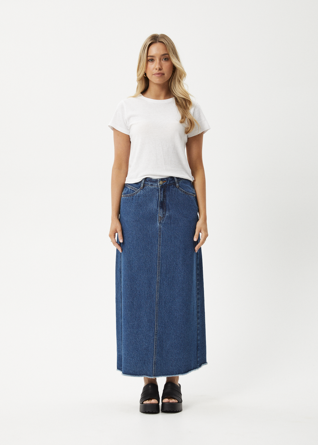 AFENDS Womens Chichi - Denim Midi Skirt - Authentic Blue 