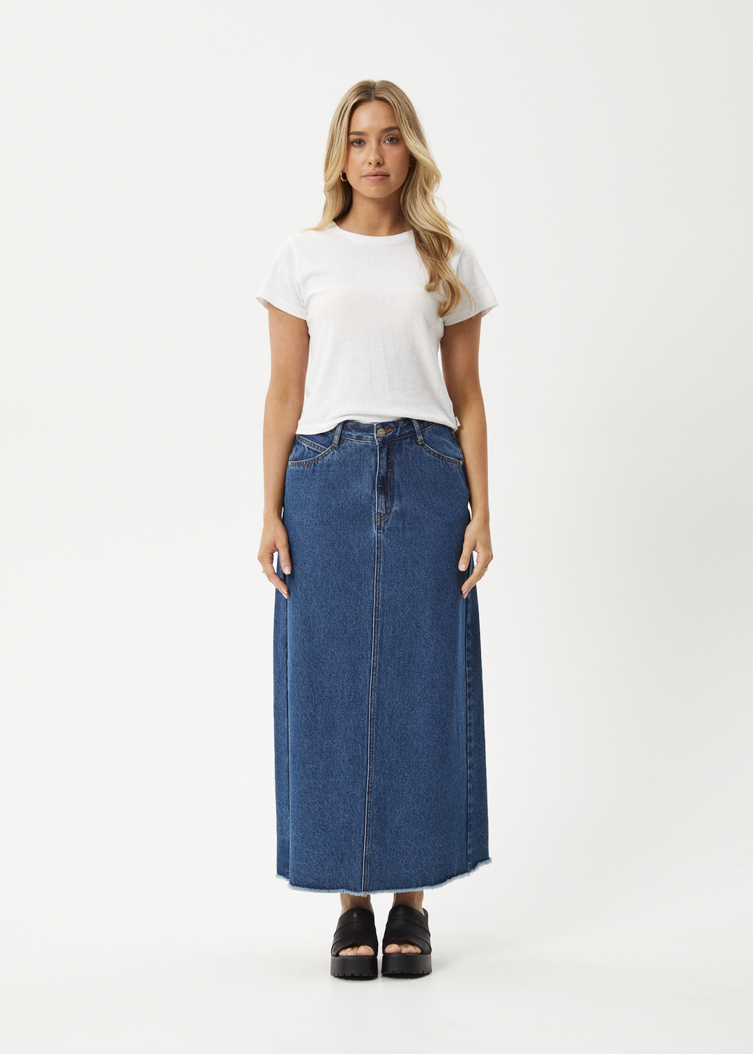 AFENDS Womens Chichi - Denim Midi Skirt - Authentic Blue 