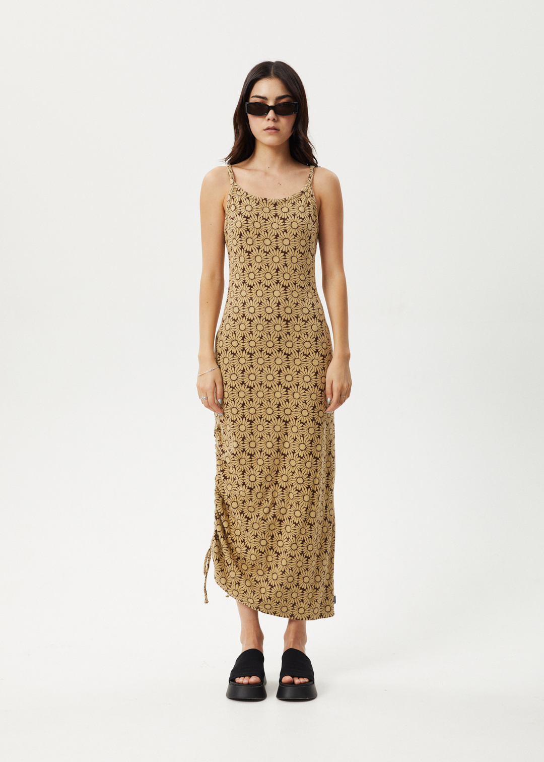 AFENDS Womens Daisy - Gathered Floral Maxi Dress - Toffee 