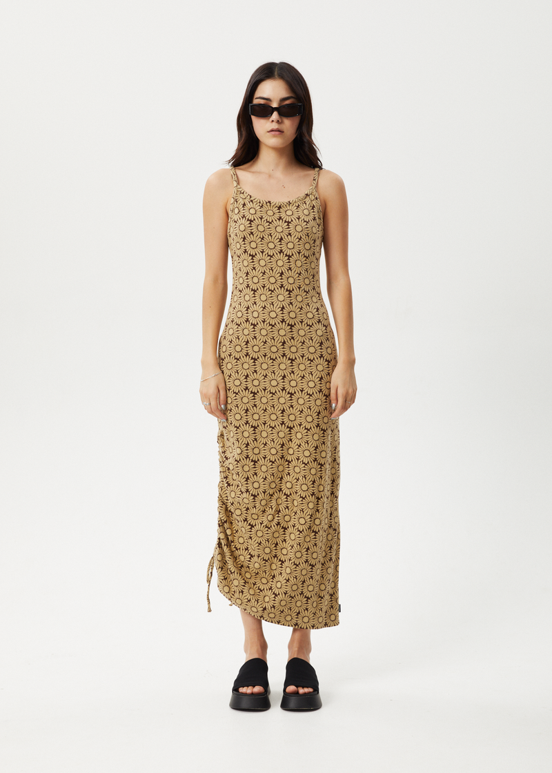 Afends Womens Daisy - Gathered Floral Maxi Dress - Toffee