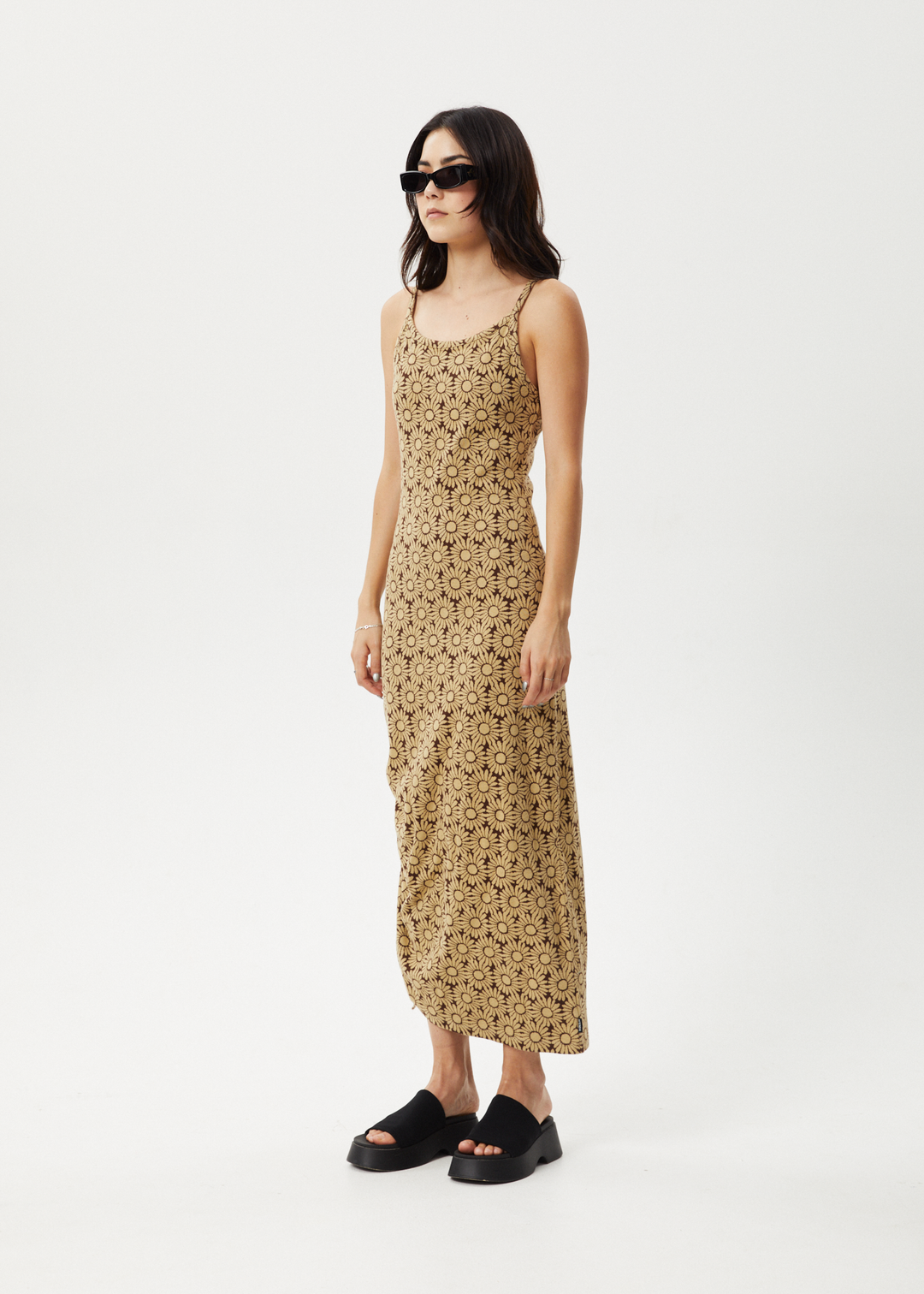 AFENDS Womens Daisy Gathered Floral Maxi Dress Toffee