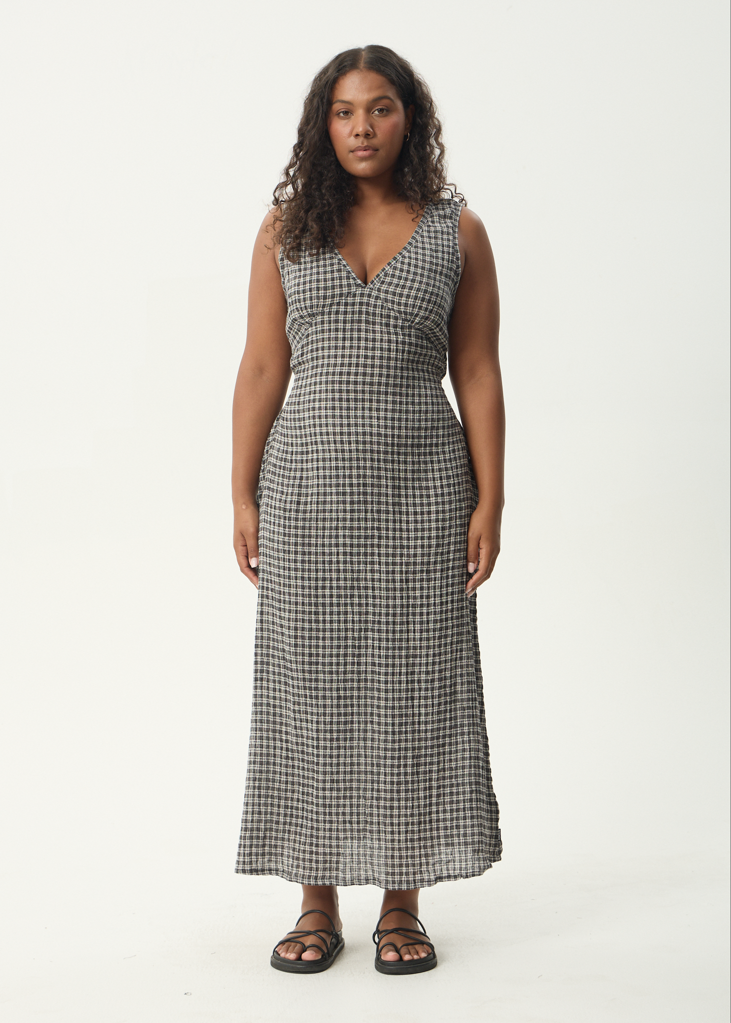 Afends Womens Asta - Seersucker Maxi Dress - Steel Check Afends Womens Asta - Seersucker Maxi Dress - Steel Check