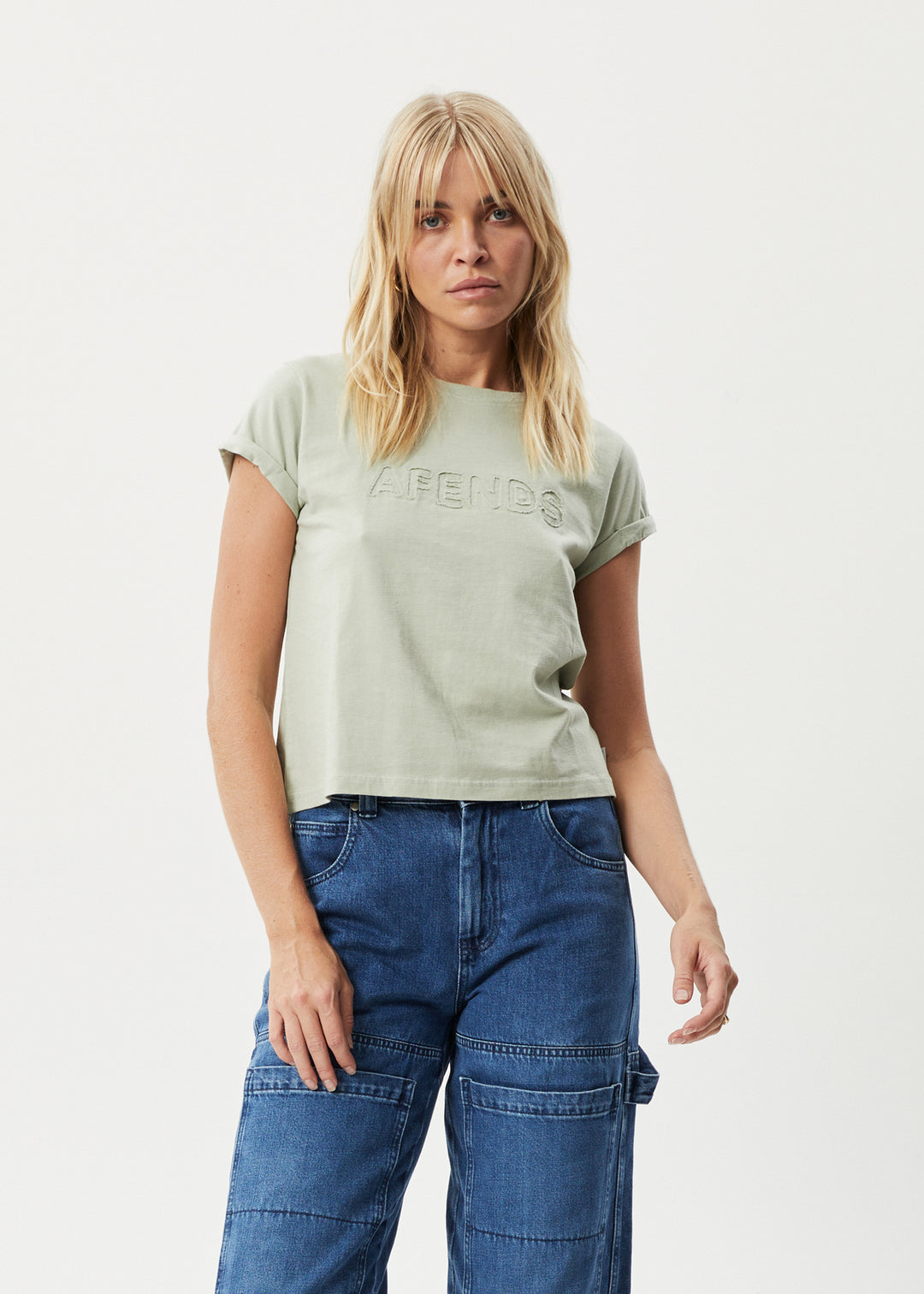 AFENDS Womens Cutback - Roll Cuff T-Shirt - Eucalyptus 