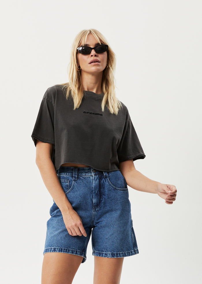 Afends Womens Restless Slay Cropped -  T-Shirt - Stone Black 